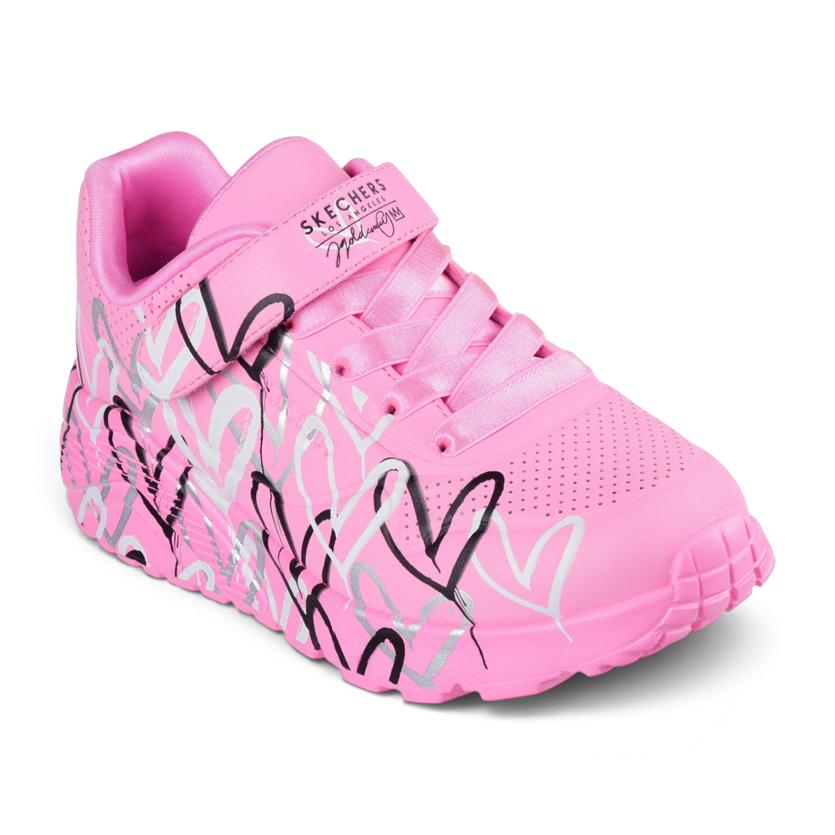 FRG Skechers Street x JGoldcrown hot pink wedge sneaker with signature drip-heart graffiti and hook-and-loop strap.