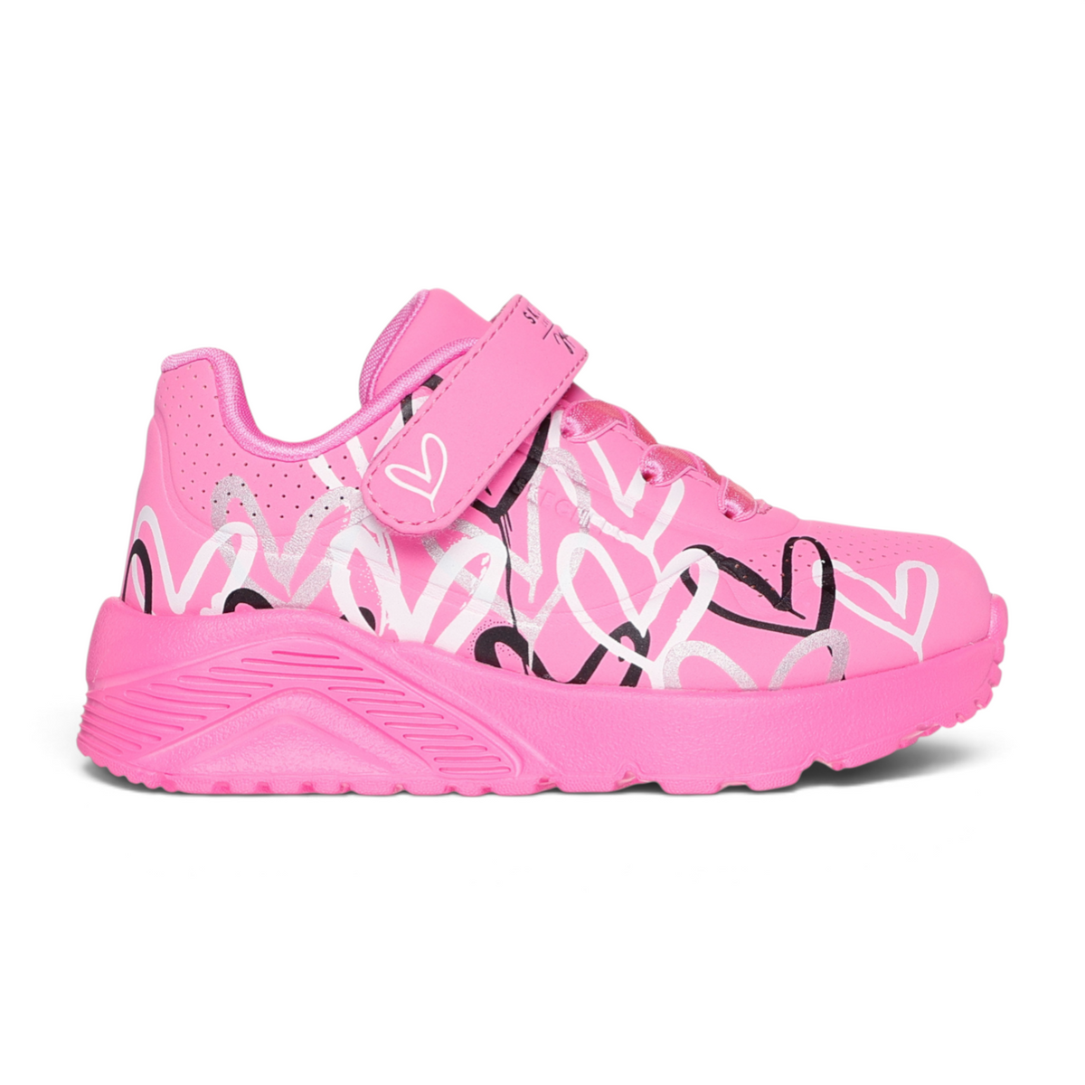 FRG UNO LITE LOVE LEVITATE pink sneakers featuring a white and black heart pattern and a hook-and-loop strap closure.