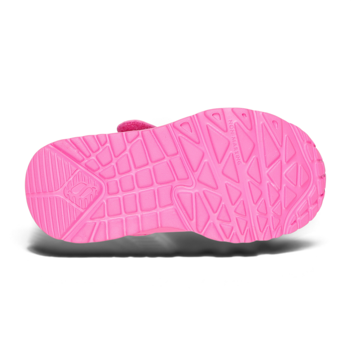 FRG UNO LITE - LOVE LEVITATE sneaker showing the bright pink non-marking rubber outsole with geometric tread pattern