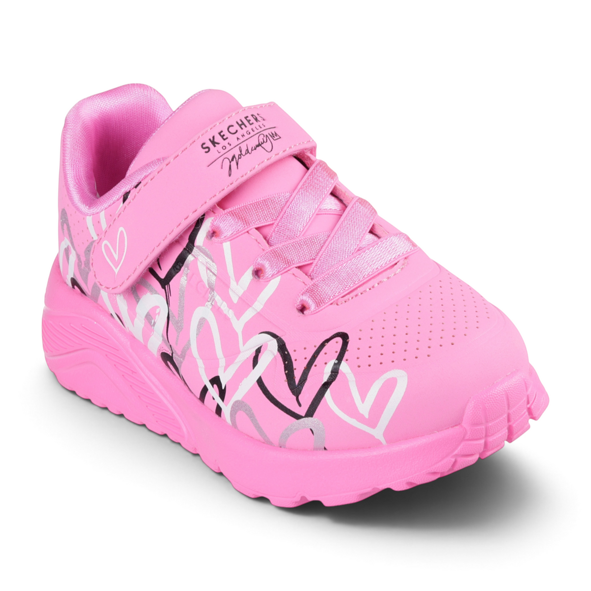 FRG Skechers Uno Lite Love Levitate pink sneakers with heart print, hook-and-loop strap, and cushioned sole