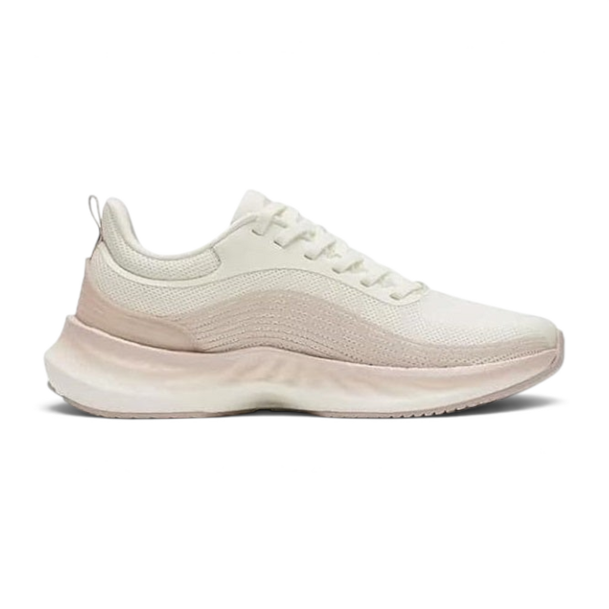 FRG running shoes in white and soft pink with a breathable mesh upper and a chunky cushioned sole