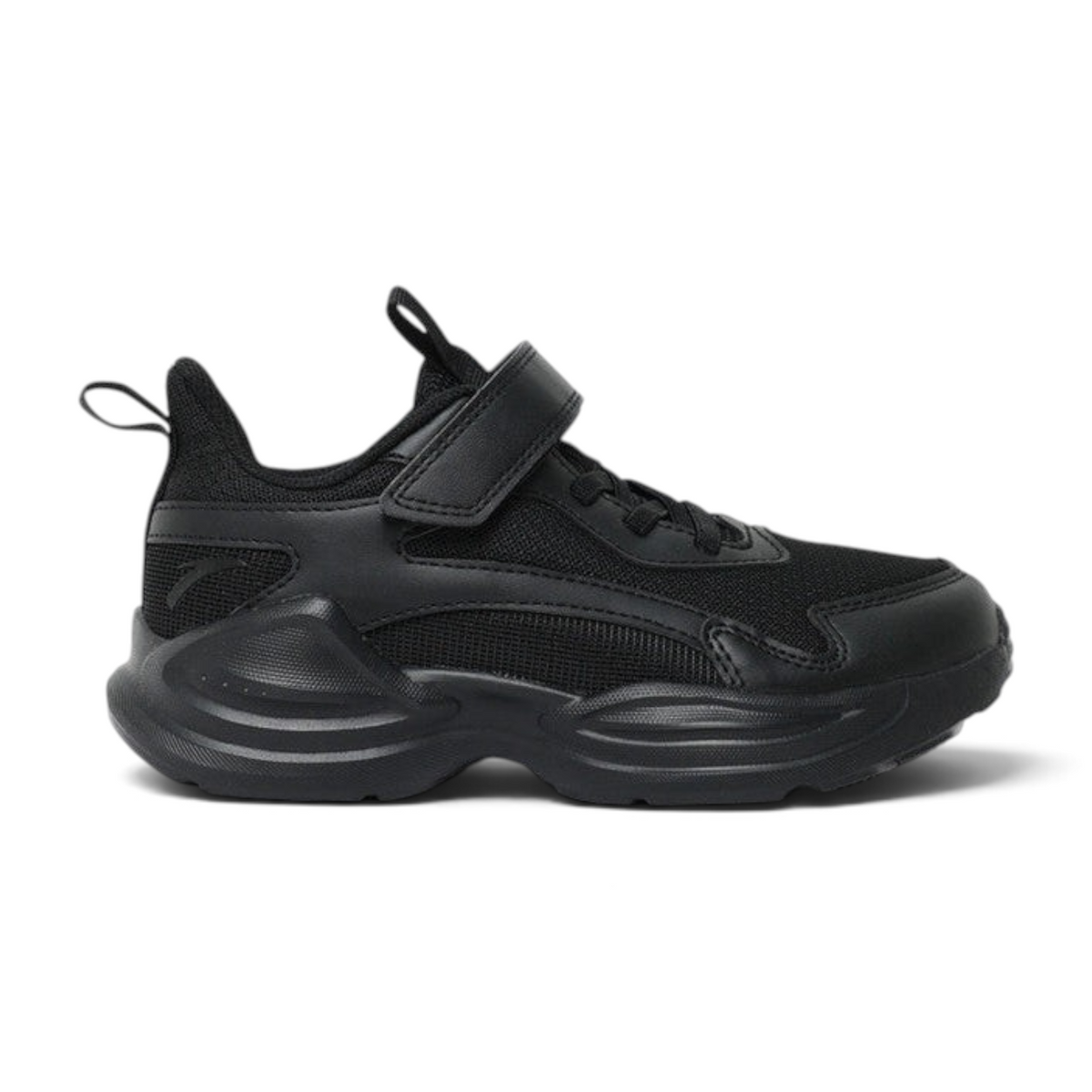 FRG ANTA kids black running shoes with breathable mesh, synthetic overlays, and a secure hook-and-loop strap.
