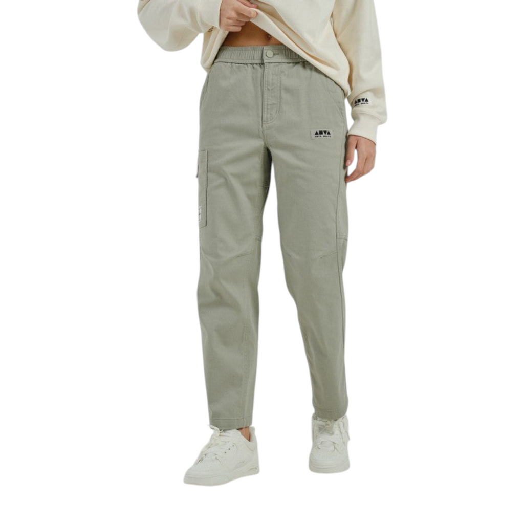 FRG Anta SKATE woven casual pants in sage green with an elastic waistband and side cargo pocket detail