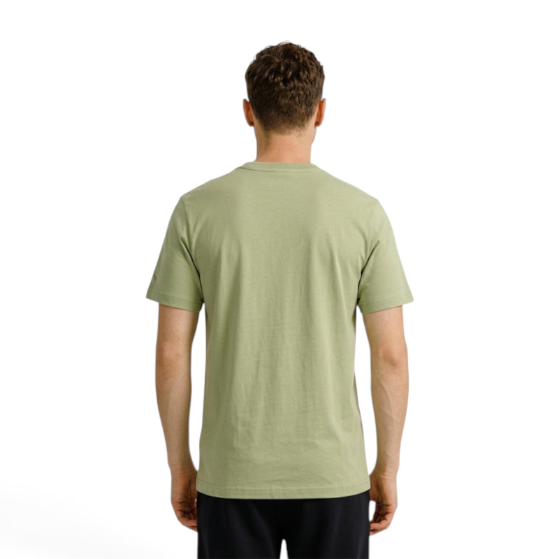 Back view of a man wearing a green ANTA Lifestyle short sleeve t-shirt with a regular fit from FRG