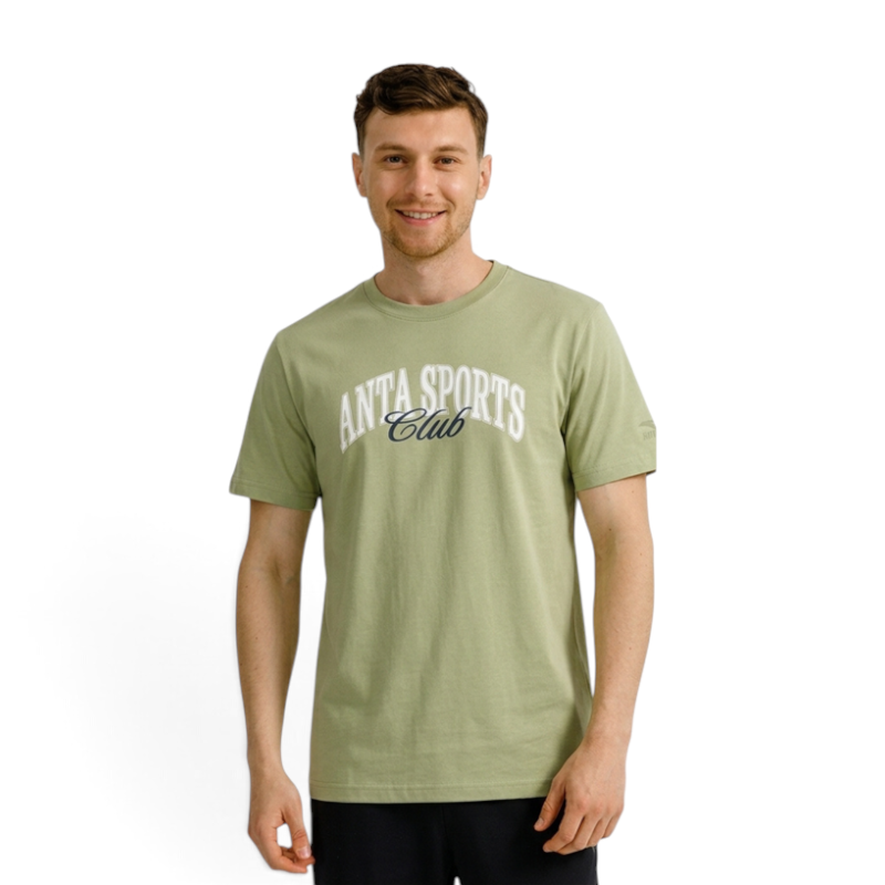 FRG ANTA green short sleeve lifestyle t-shirt with ANTA SPORTS Club graphic print on a smiling male model