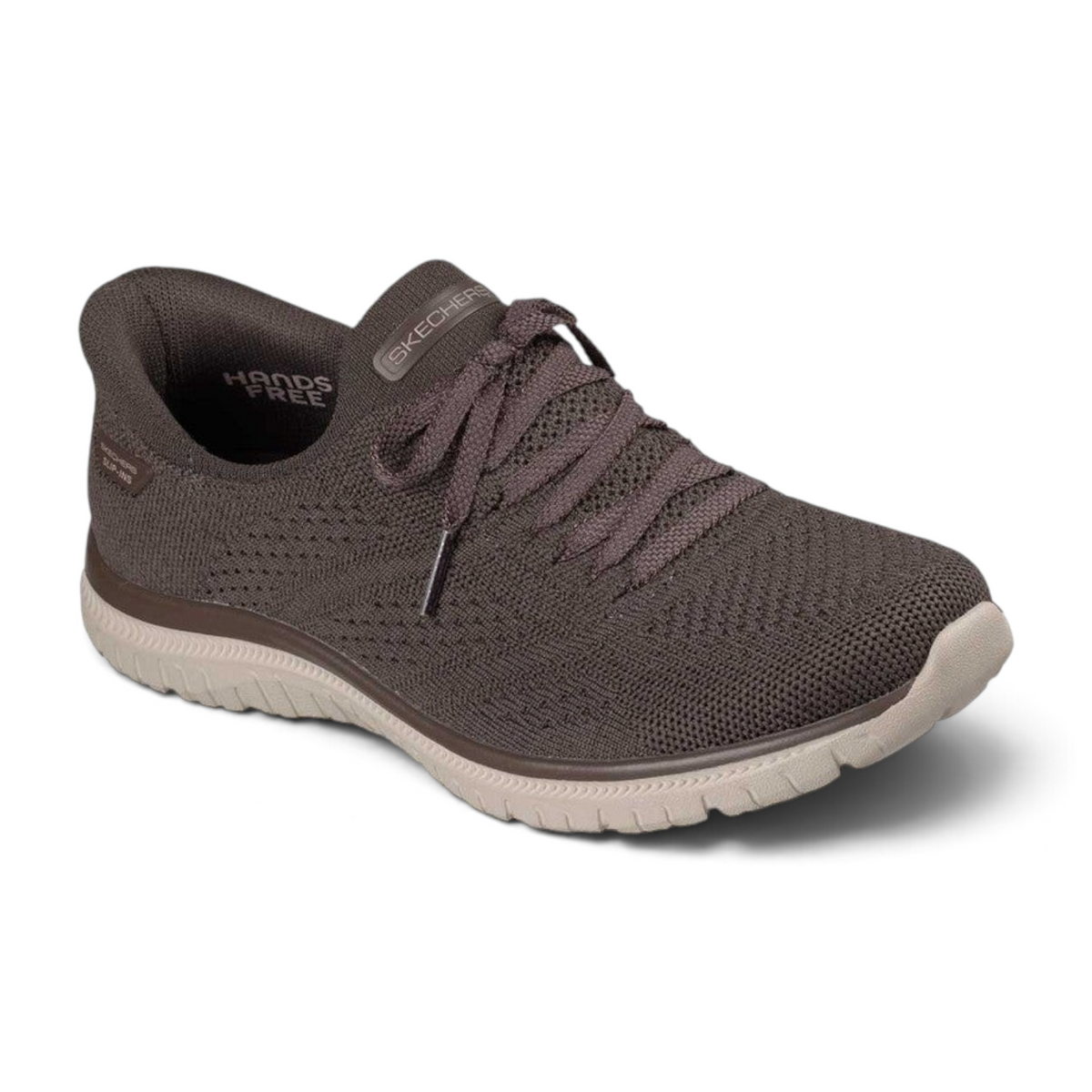 FRG Skechers Virtue Flawless chocolate brown slip-on sneakers with a lightweight knit upper and cushioned sole