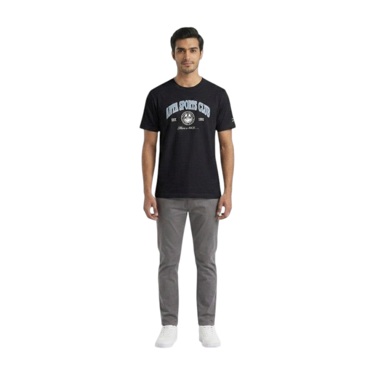 FRG ANTA black retro sports crew neck t-shirt with graphic print worn by a man with grey trousers and white sneakers