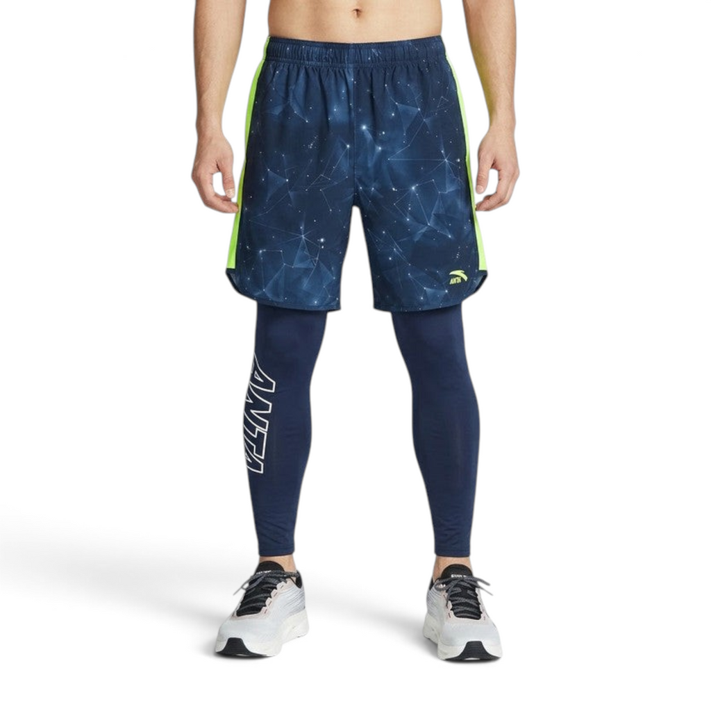 FRG ANTA Kids 2-in-1 running track pants in light moon blue with geometric print shorts and navy compression leggings