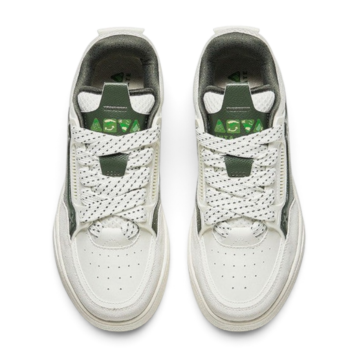 FRG ANTA X-GAME AOJIE skate sneakers in beige and green featuring suede, mesh, and TPU panels, top-down view.
