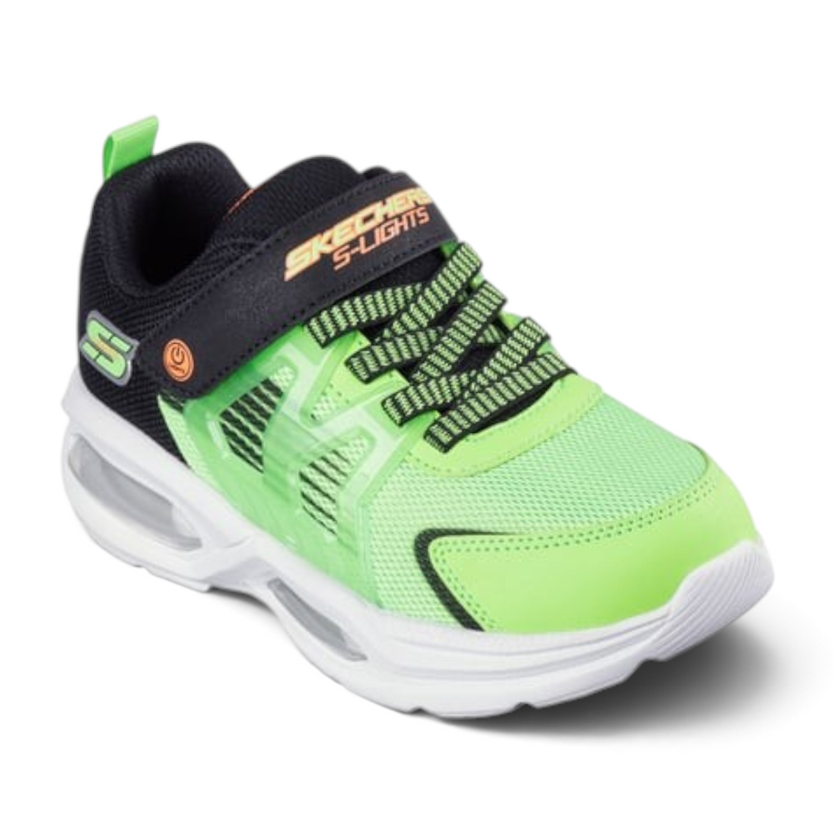 FRG S LIGHTS: PRISMATRONS kids sneakers in neon green and black with a hook-and-loop strap and light-up sole.