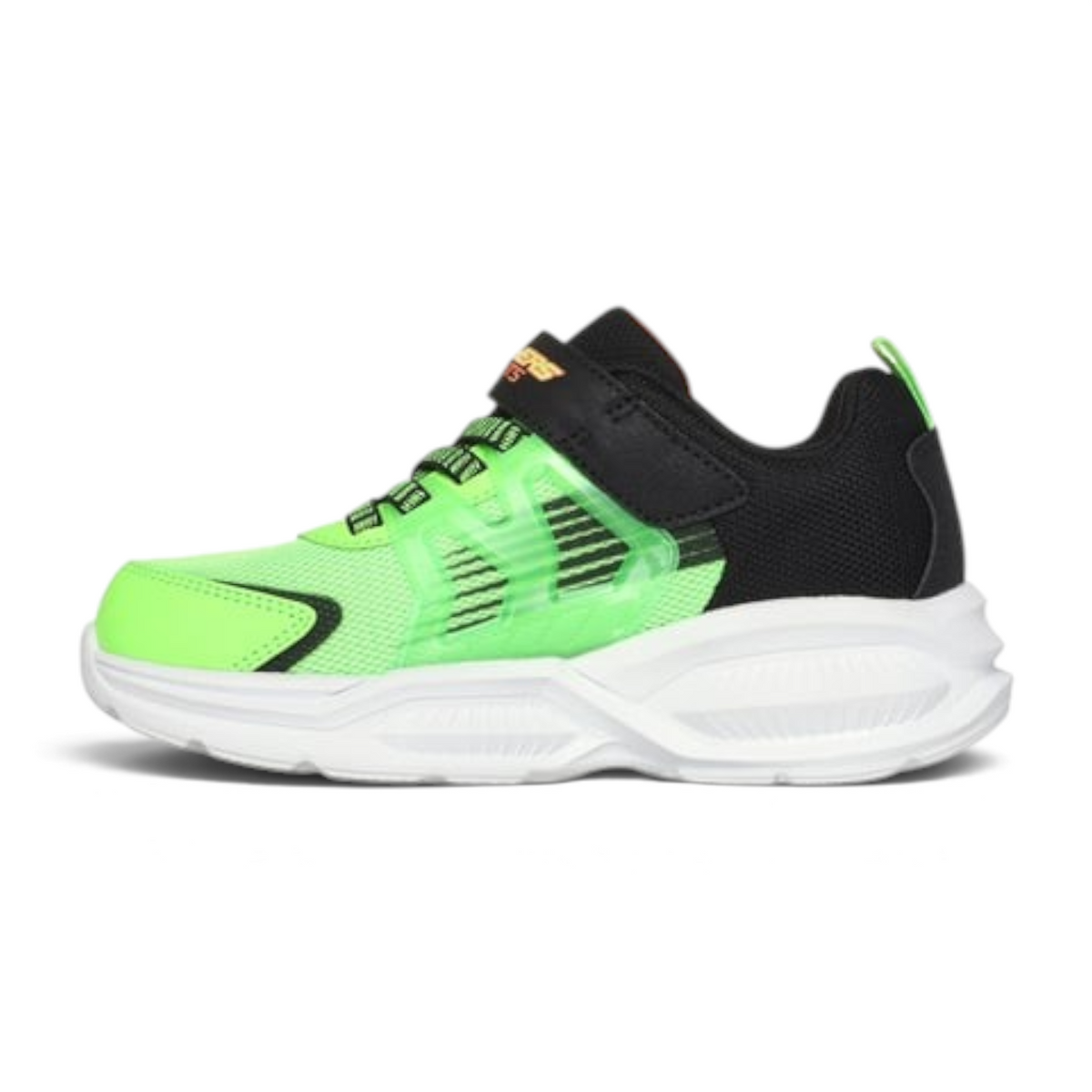 FRG S LIGHTS: PRISMATRONS kids sneakers in neon green and black with a white sole and hook-and-loop strap closure.