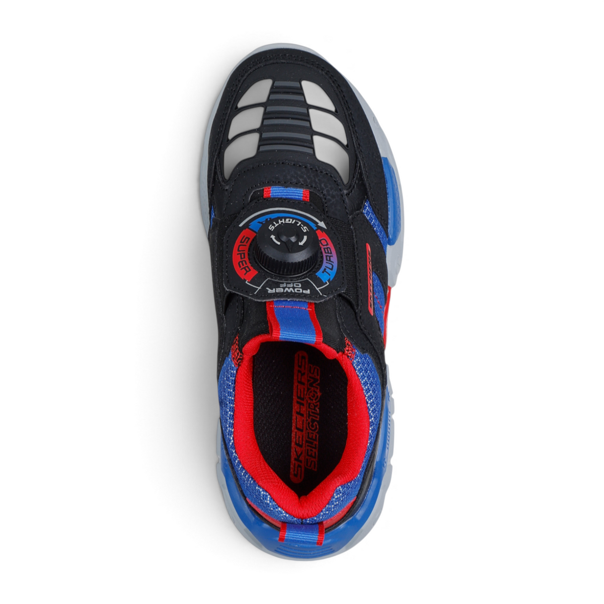 FRG SELECTRONS kids sneaker in black with red and blue accents, featuring a dial-up lacing system and top view.