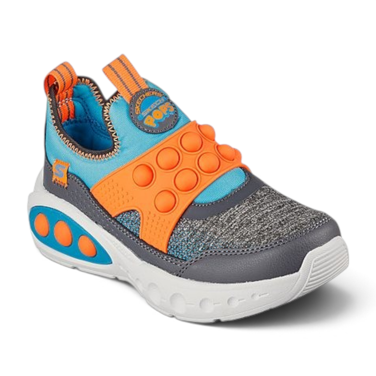 FRG SKECH POPS kids sneakers in blue, grey, and orange with a bubble-pop strap and slip-on design