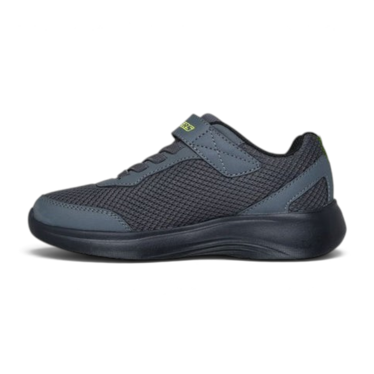 FRG Skechers Selectors gray and green mesh sneakers with synthetic overlays and an adaptive closure strap.