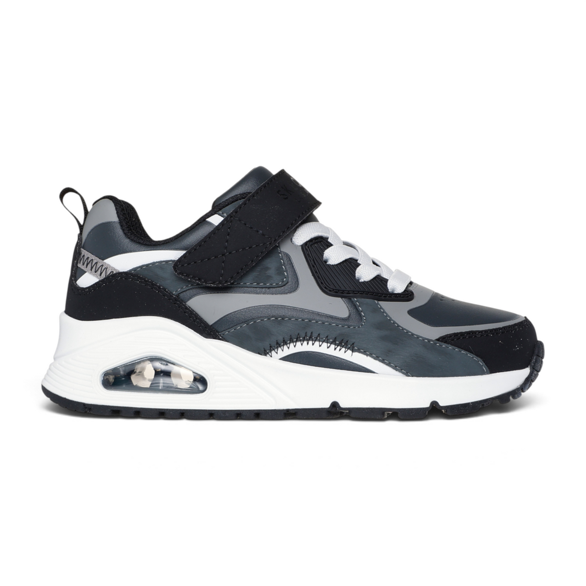 FRG SKECHERS Street Tres-Air Uno Vision-Airy sneaker in grey and black with a white midsole and visible air cushion.