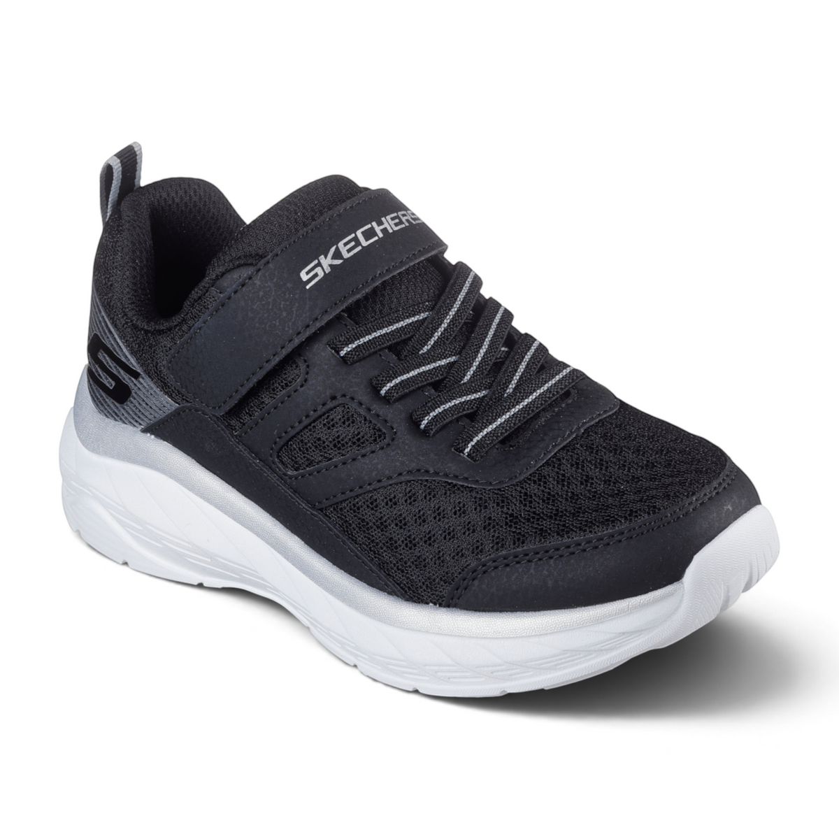 FRG BOUNDLESS Skechers kids black and grey athletic sneaker with mesh upper, hook-and-loop strap, and white sole