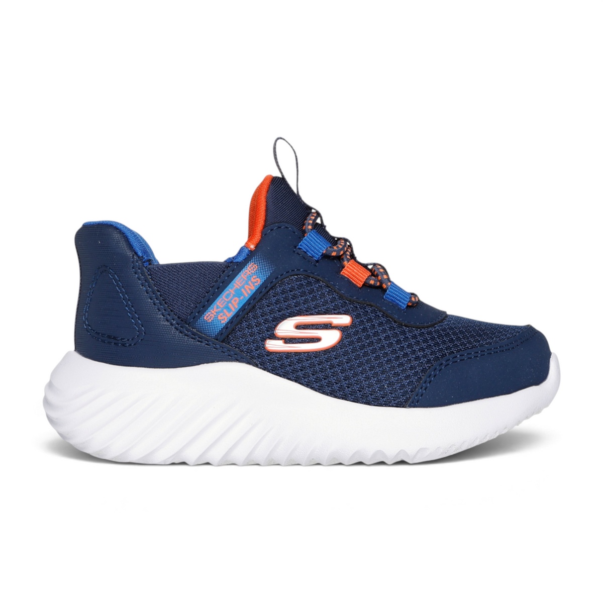 FRG BOUNDER BRISK BURST navy blue mesh slip-in sneakers with orange accents and a thick white cushioned sole