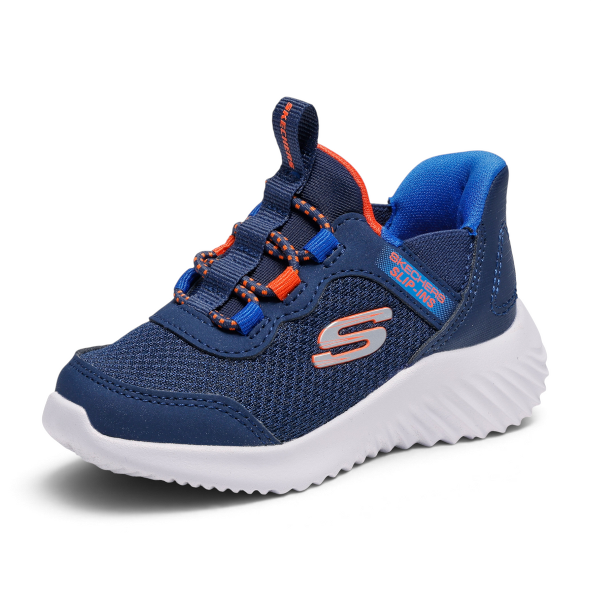 FRG Bounder Brisk Burst navy blue slip-in sneakers with orange accents and a white cushioned sole