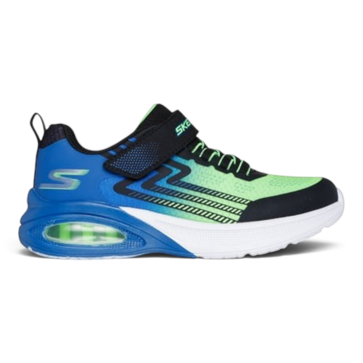 FRG Skechers Microspec Max Advance kids sneaker in blue and neon green with Skech-Air airbag midsole