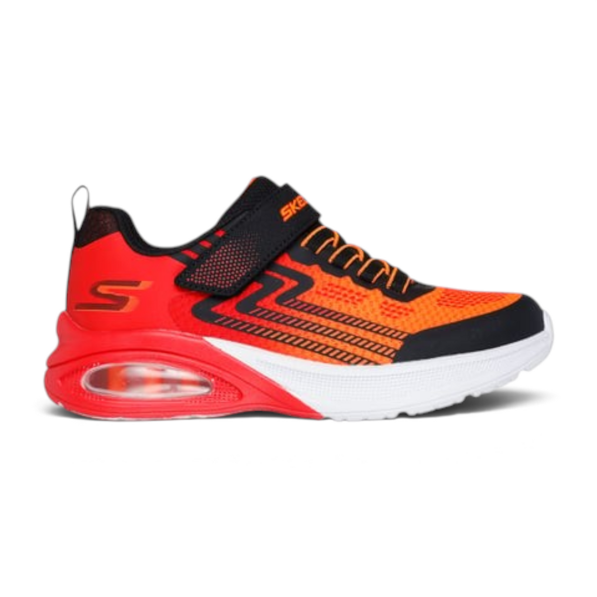 FRG Skechers Microspec Max Advance sneakers in orange and black with a visible Skech-Air midsole and strap closure.