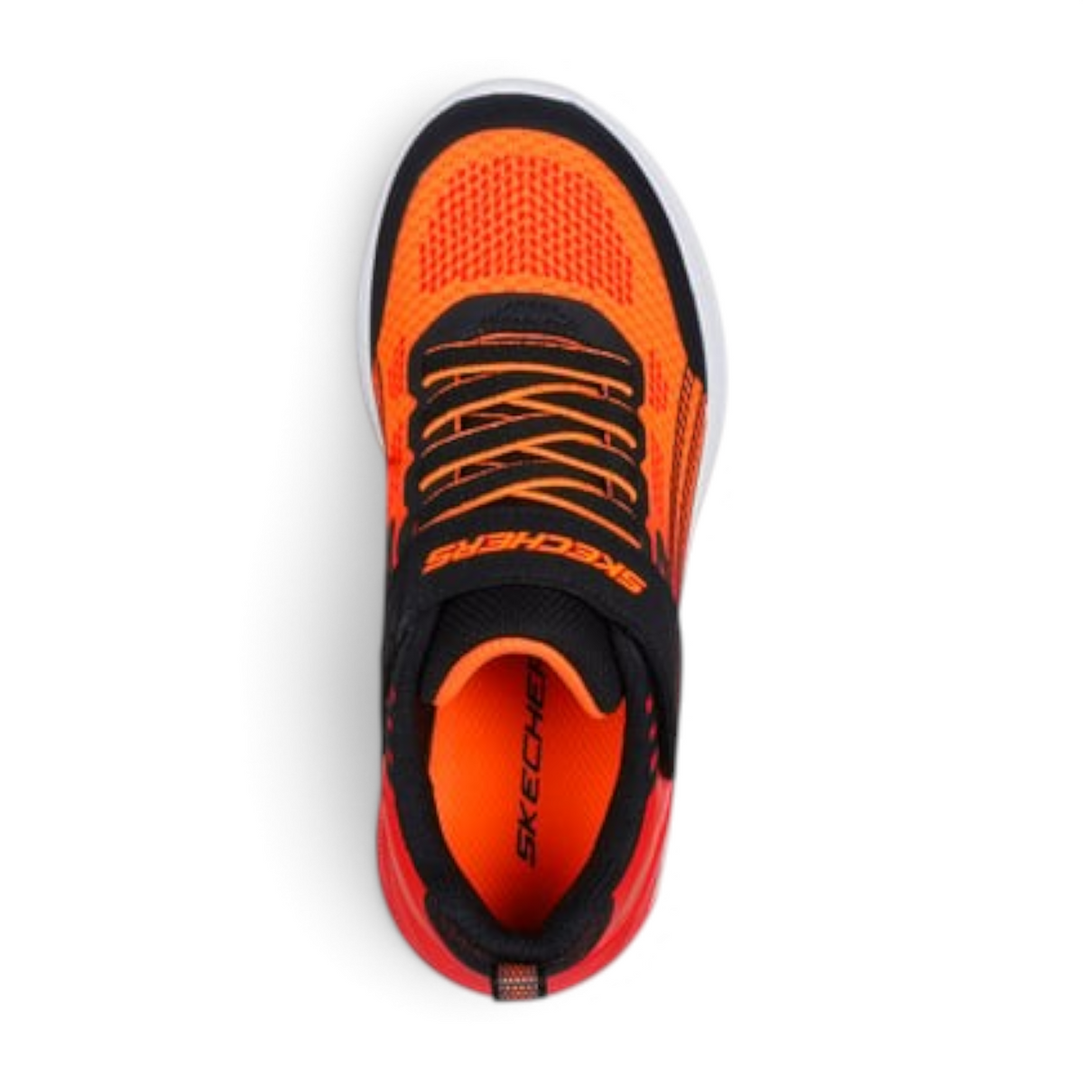 FRG Skechers Microspec Max Advance kids sneaker in bright orange and black mesh with a top-down view.