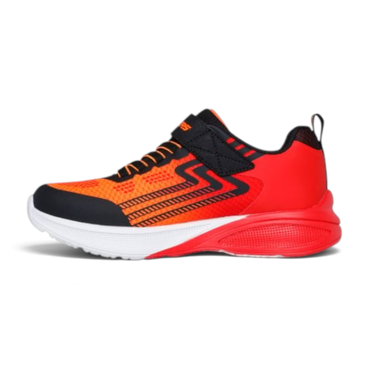 FRG Skechers Microspec Max Advance sneakers in orange and black with a visible air-cushioned midsole and strap closure.