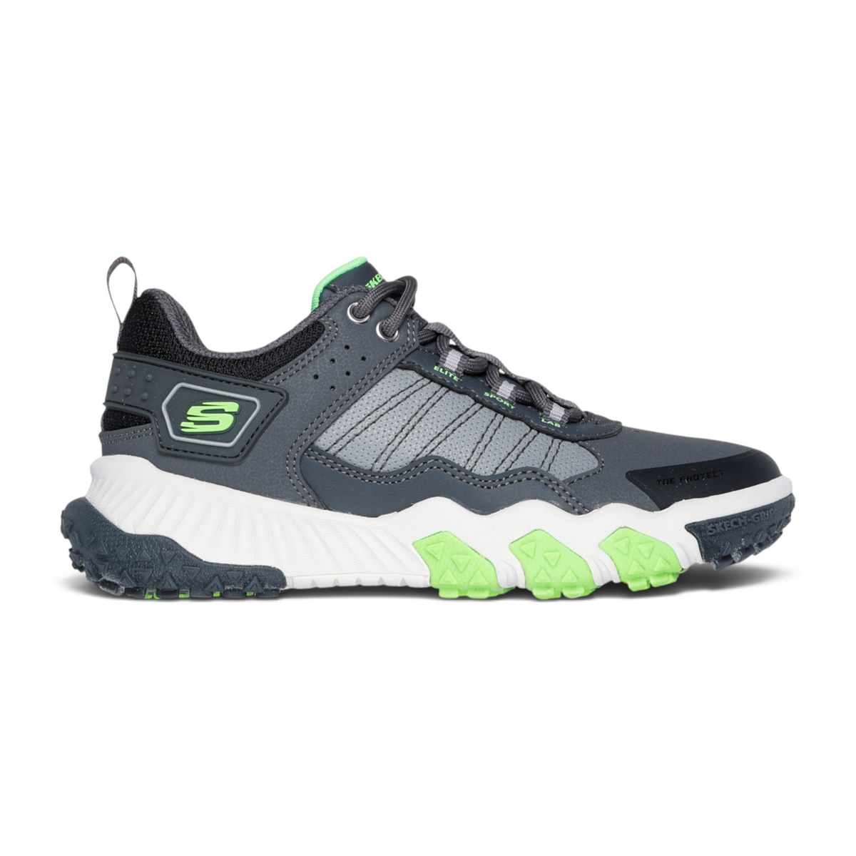 FRG Skechers Elite Sport Field athletic lace-up sneaker in grey with lime green accents and durable rubber outsole