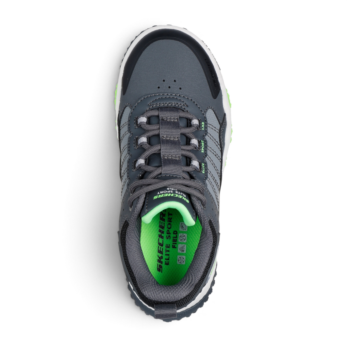 FRG Skechers Elite Sport Field athletic lace-up shoe in grey with bright green interior and durable rubber outsole