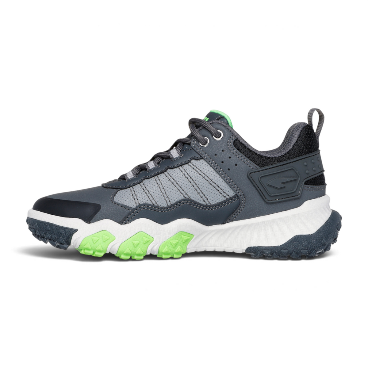 FRG Skechers Elite Sport Field athletic lace-up shoe in grey and black with vibrant green rubber outsole details.