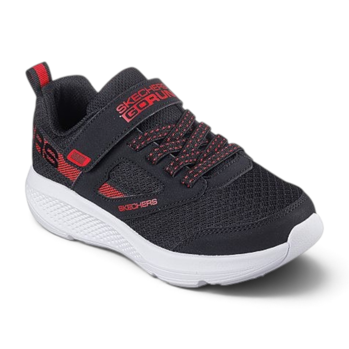 FRG Skechers GO RUN Elevate black and red mesh running shoe with adjustable instep strap and white cushioned sole