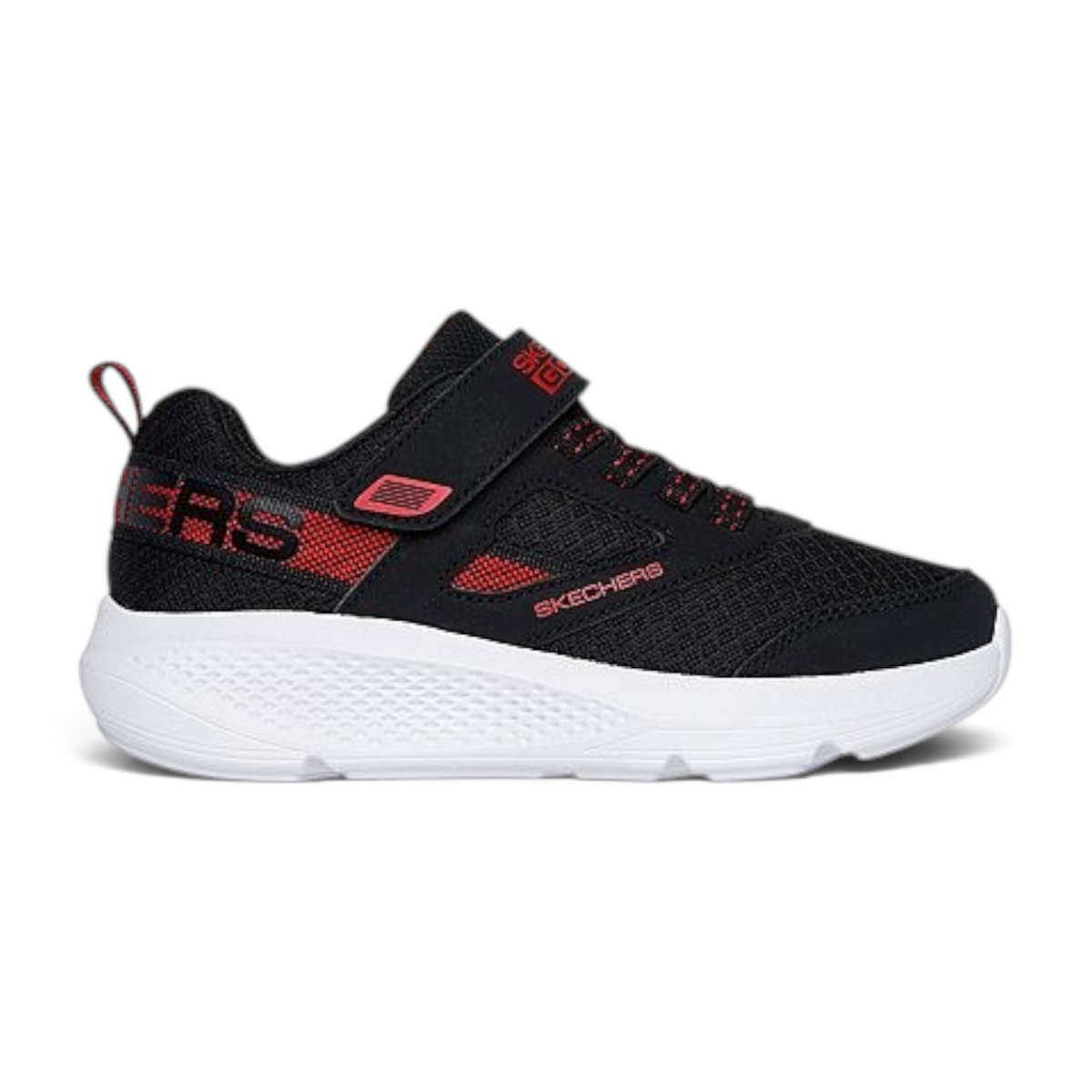 FRG Skechers GO RUN Elevate black and red mesh running shoe with white cushioned sole and adjustable instep strap