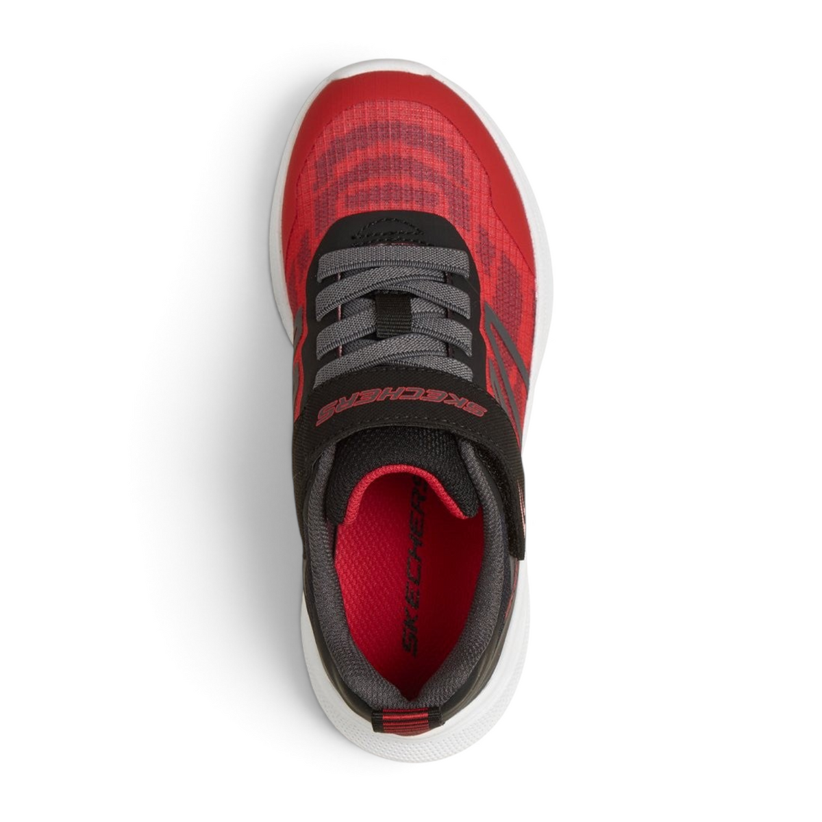 FRG Skechers Microspec Velocity kids' sneaker in red and black with an adaptive hook-and-loop closure, top view.