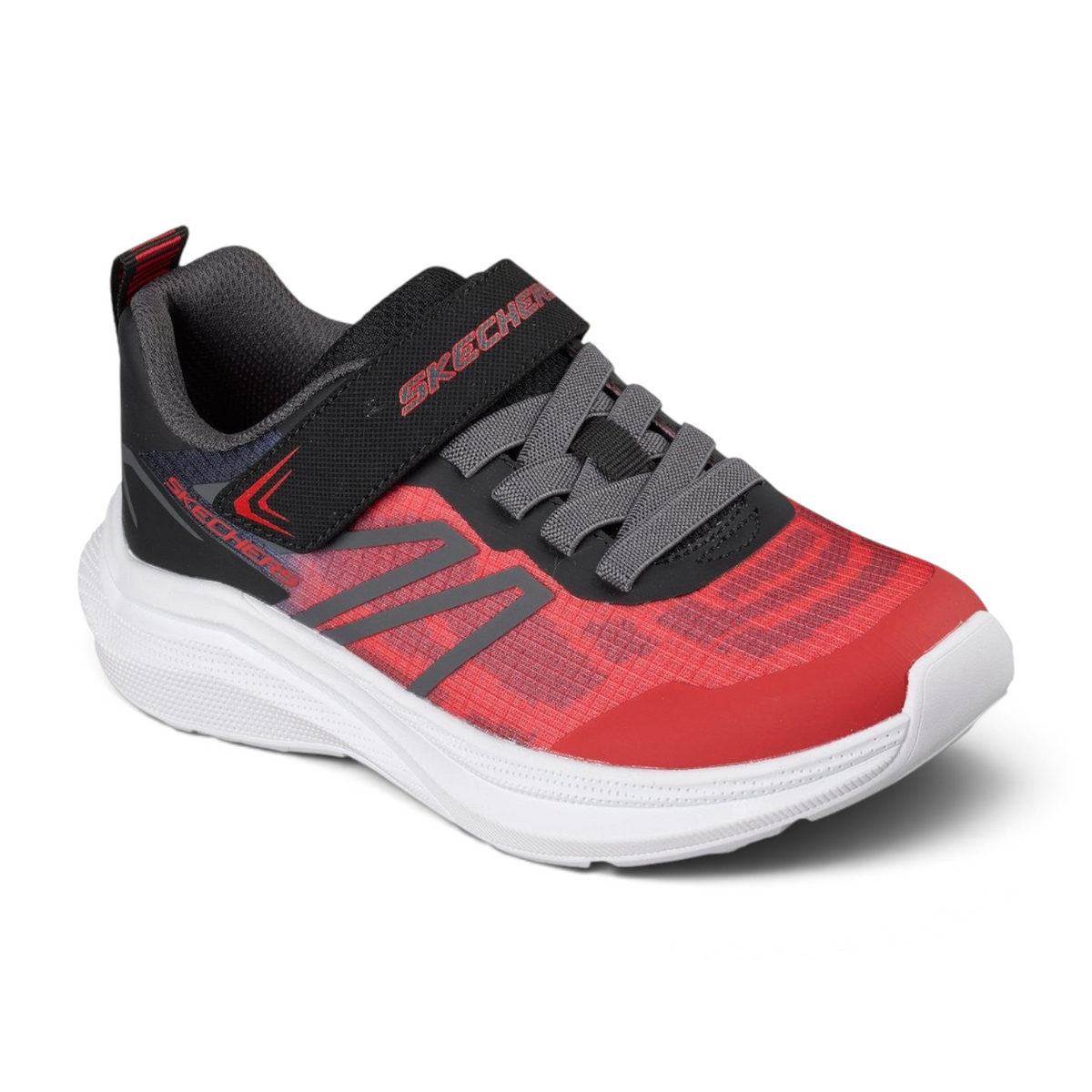 FRG Skechers Microspec Velocity kids' sneaker in red and black with an adaptive hook-and-loop strap and white sole.