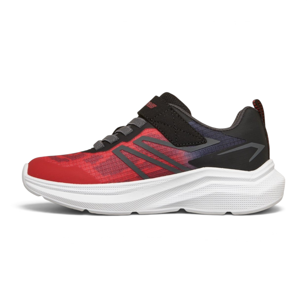 FRG Skechers Microspec Velocity kids' sneaker in red and black with an adaptive hook-and-loop closure