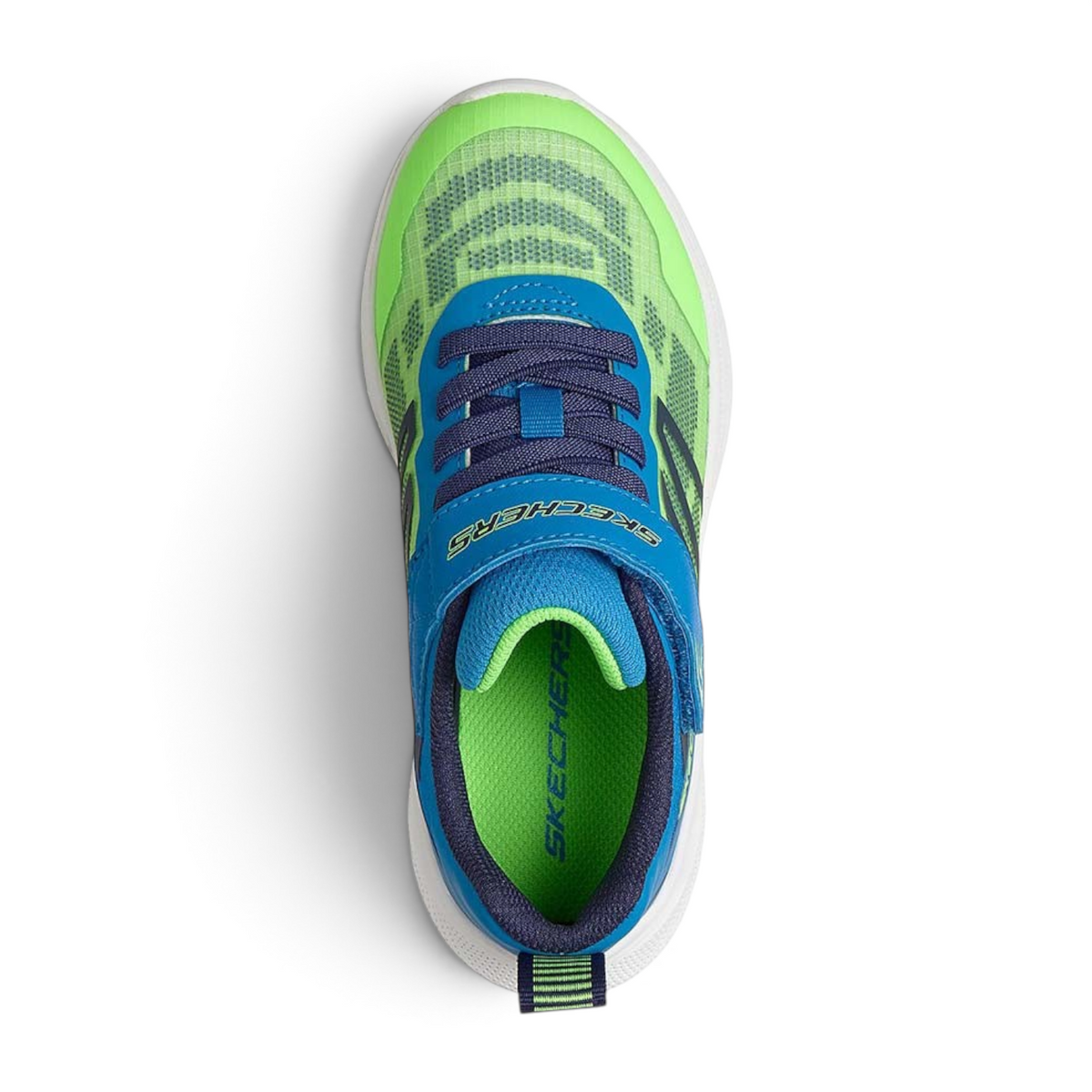 FRG Skechers Microspec Velocity kids' sneaker in lime green and blue with adaptive closure and cushioned sole
