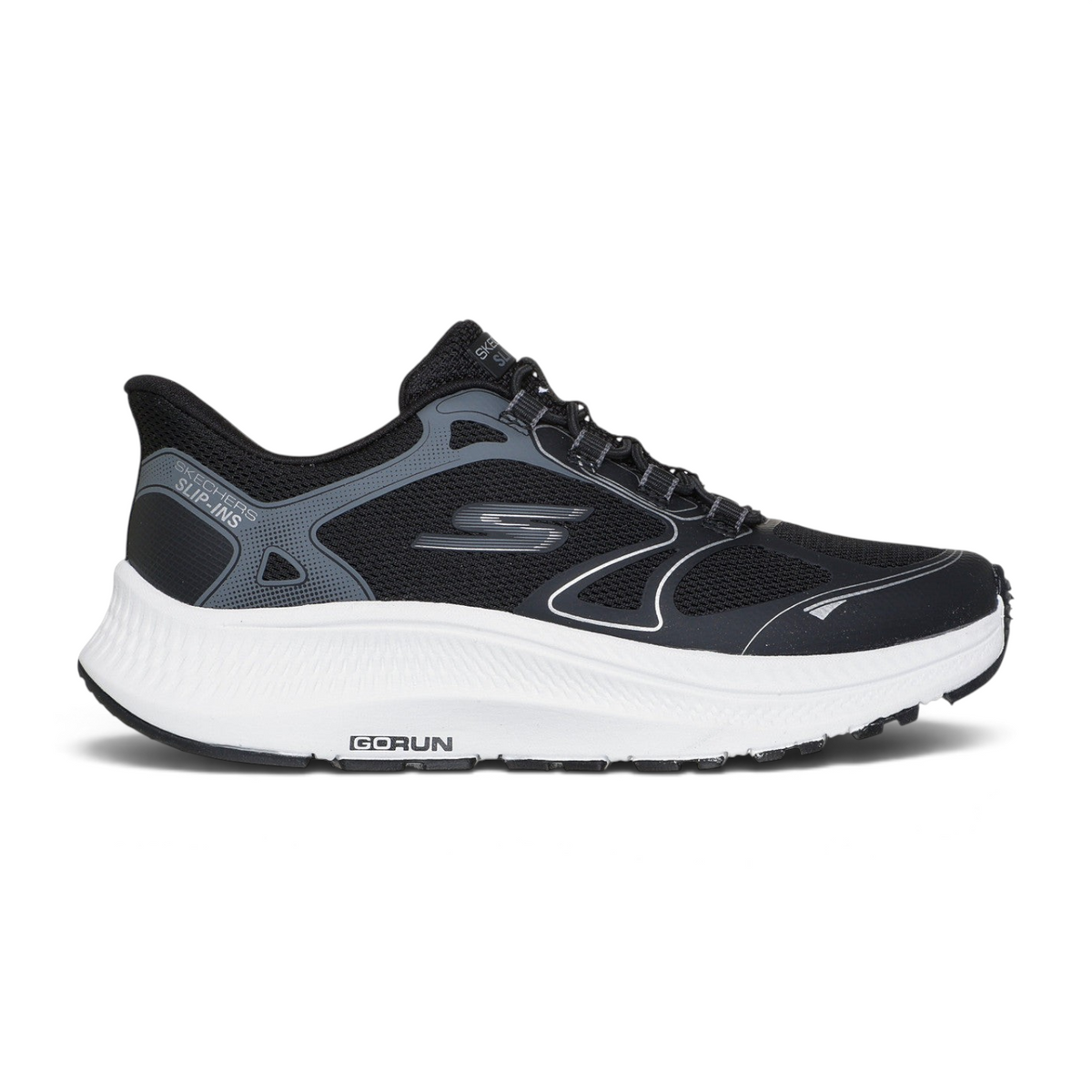 FRG Skechers GO RUN Consistent 2.0 kids black mesh slip-on sneaker with white cushioned sole and grey overlays