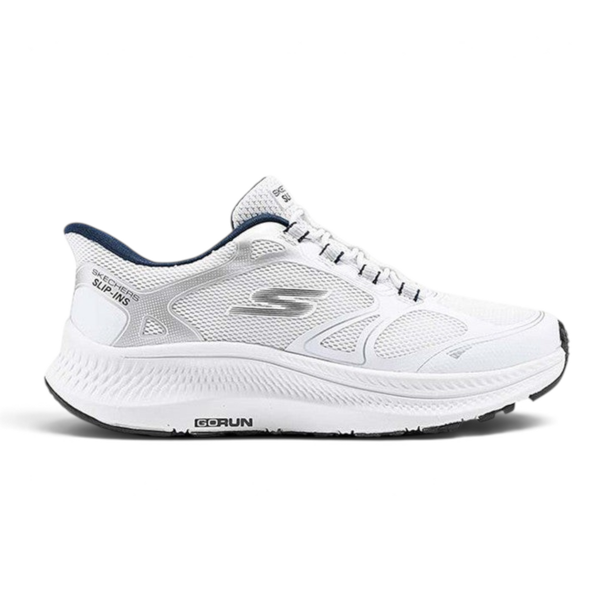 FRG Skechers GO RUN Consistent 2.0 white kids' athletic slip-in shoe with mesh upper and cushioned Goga Mat insole.