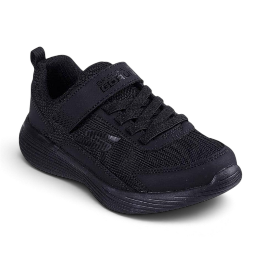FRG Skechers GO RUN 400 V2 Stravo kids sneakers in black with mesh upper, hook-and-loop strap, and cushioned sole.
