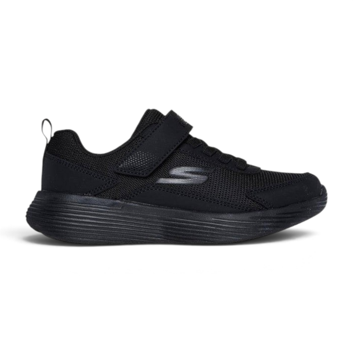 FRG Skechers GO RUN 400 V2 Stravo kids sneakers in black with mesh upper, hook-and-loop strap, and cushioned sole.