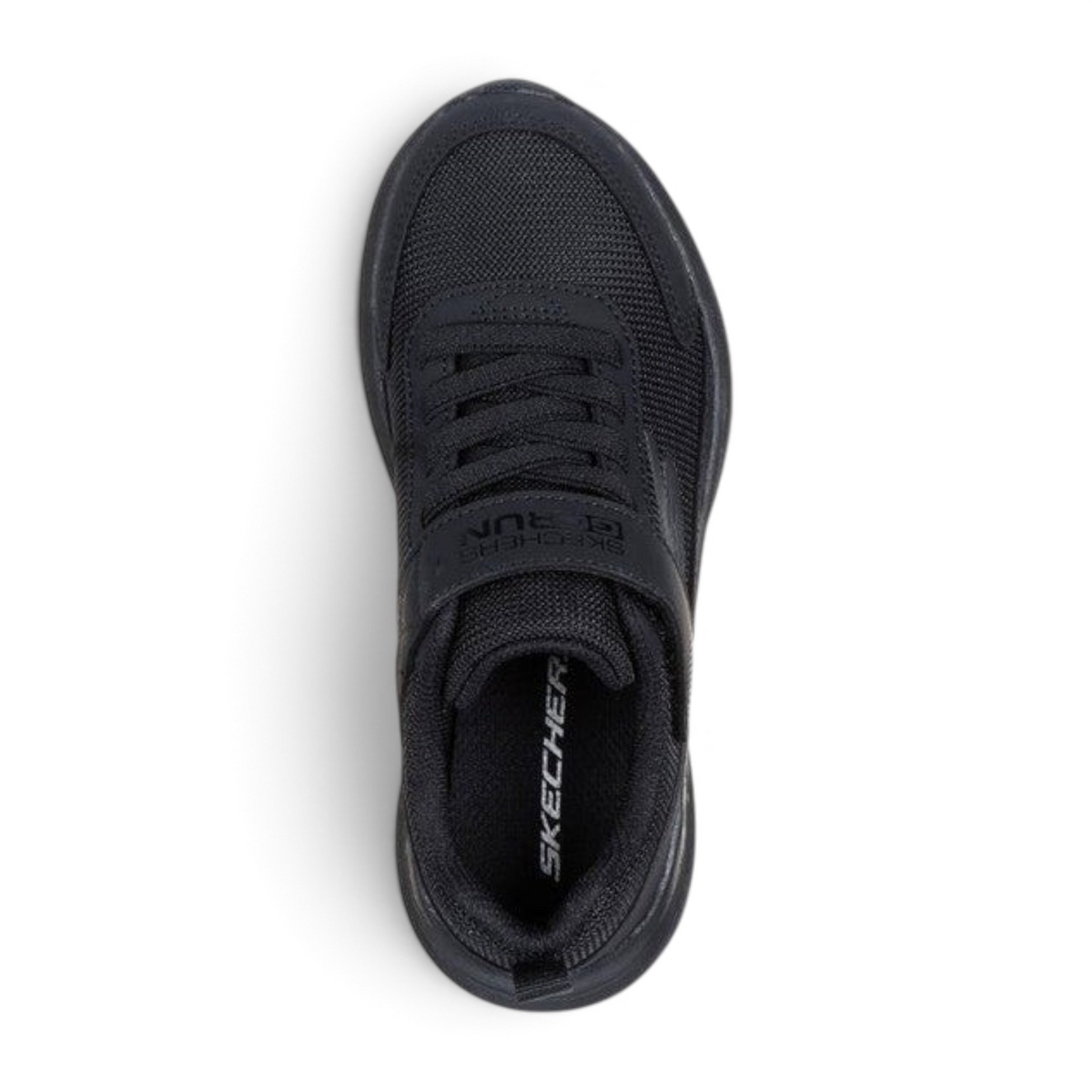 FRG Skechers GO RUN 400 V2 Stravo kids running shoe in black with mesh upper and hook-and-loop strap, top view
