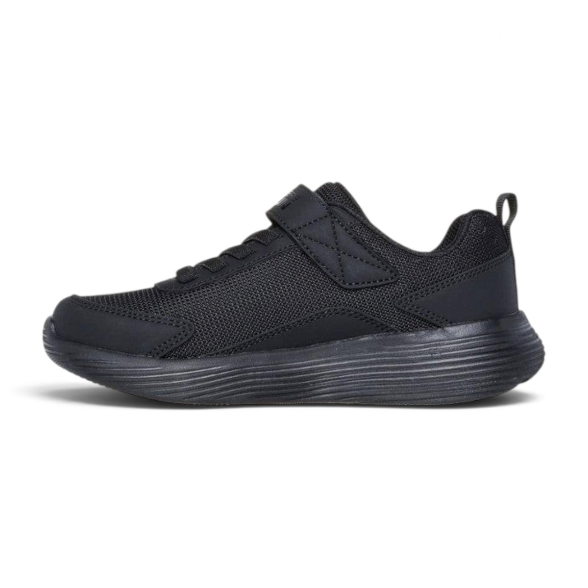 FRG Skechers GO RUN 400 V2 Stravo kids sneaker in black with a hook-and-loop strap and lightweight mesh upper.