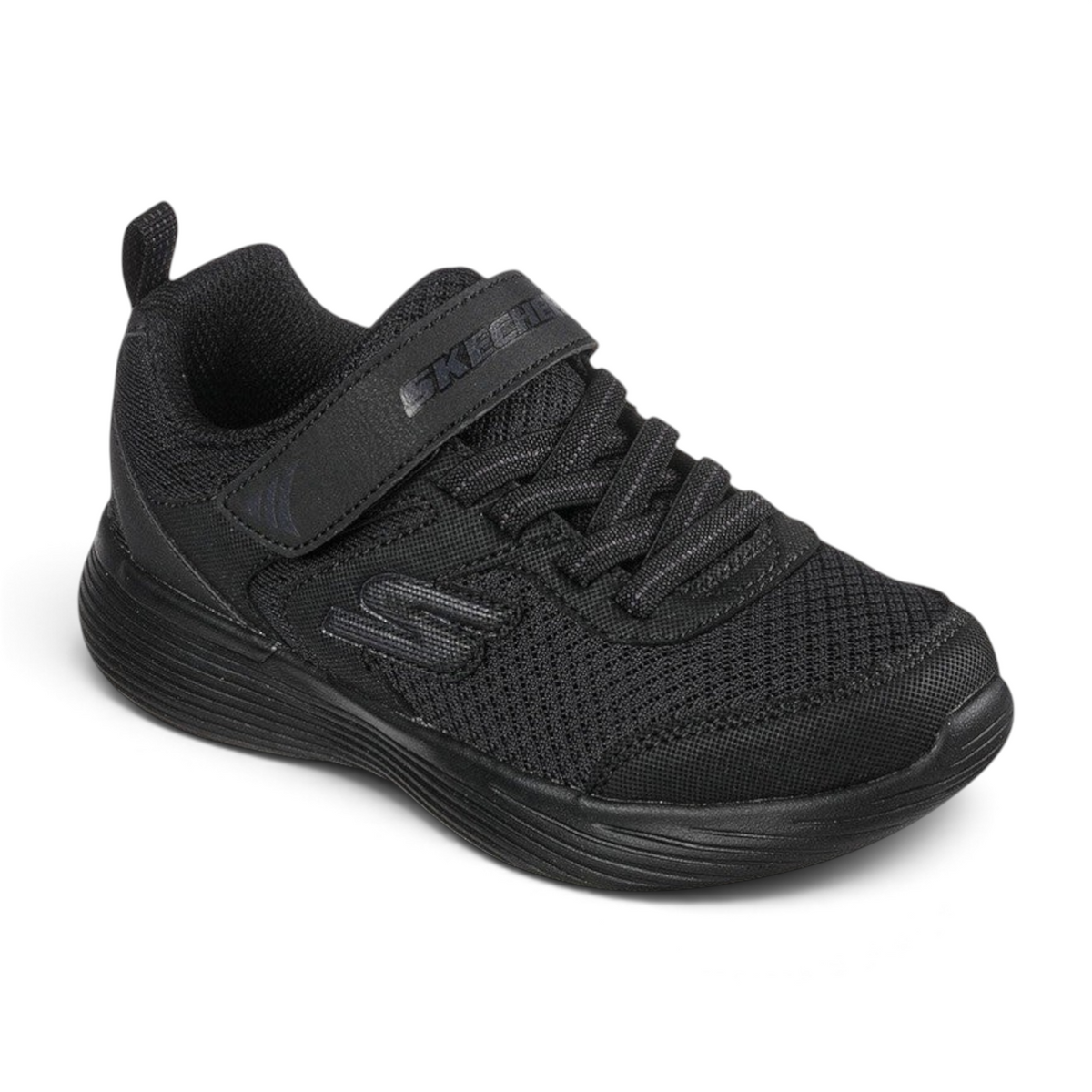FRG Skechers GO Run 400 V2 kids training shoe in all black with mesh upper, hook-and-loop strap, and cushioned sole.