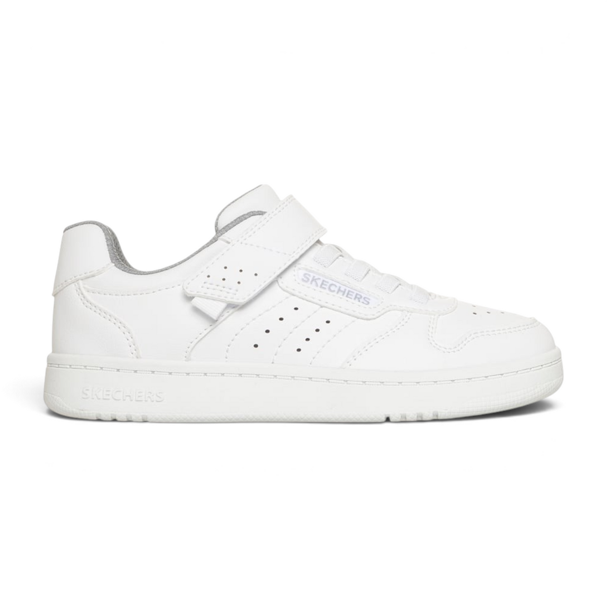 FRG Skechers Quick Street white court-style low-top sneaker with a hook-and-loop strap and perforated side details.