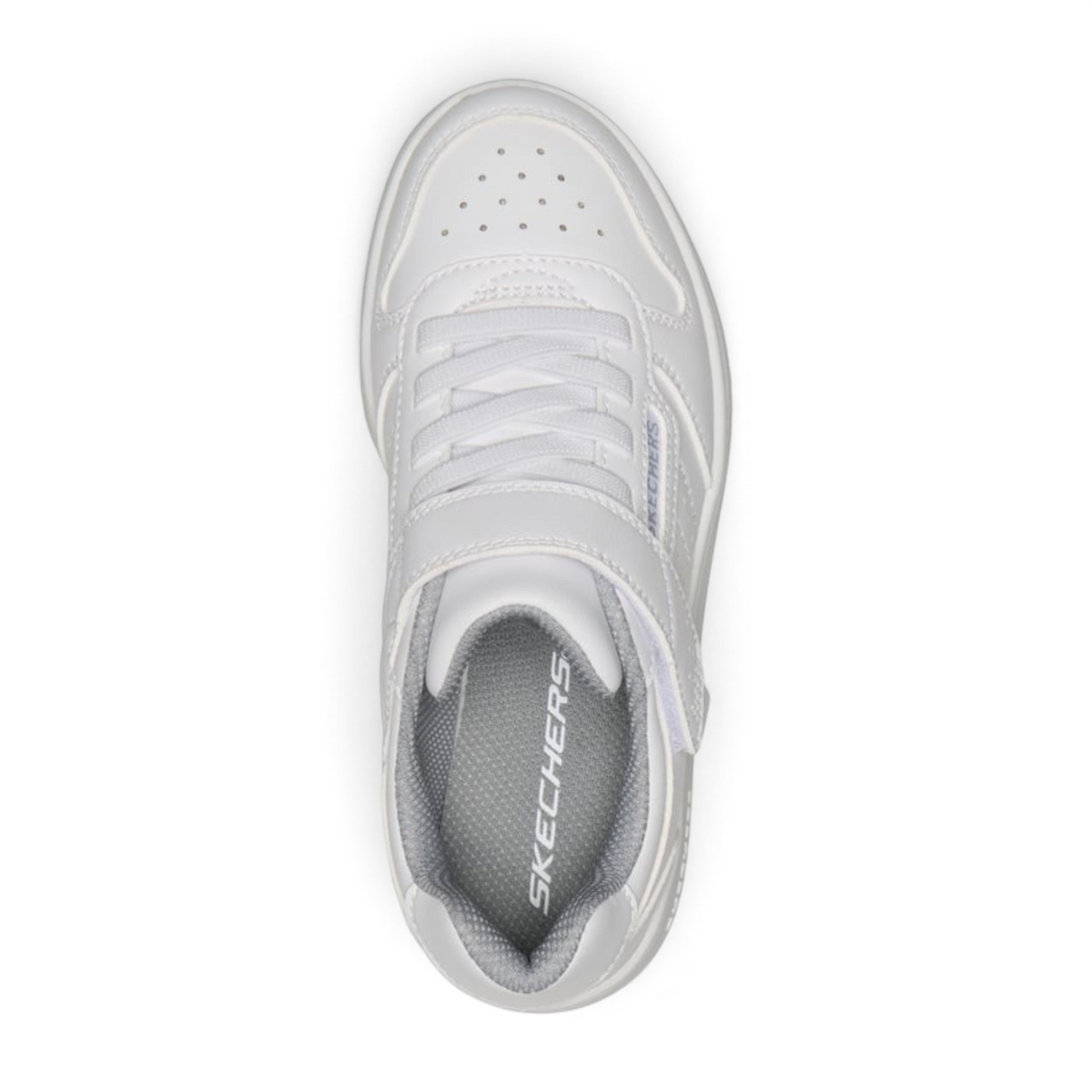FRG Skechers Quick Street white court-style low-top sneaker with a slip-on design and hook-and-loop strap.