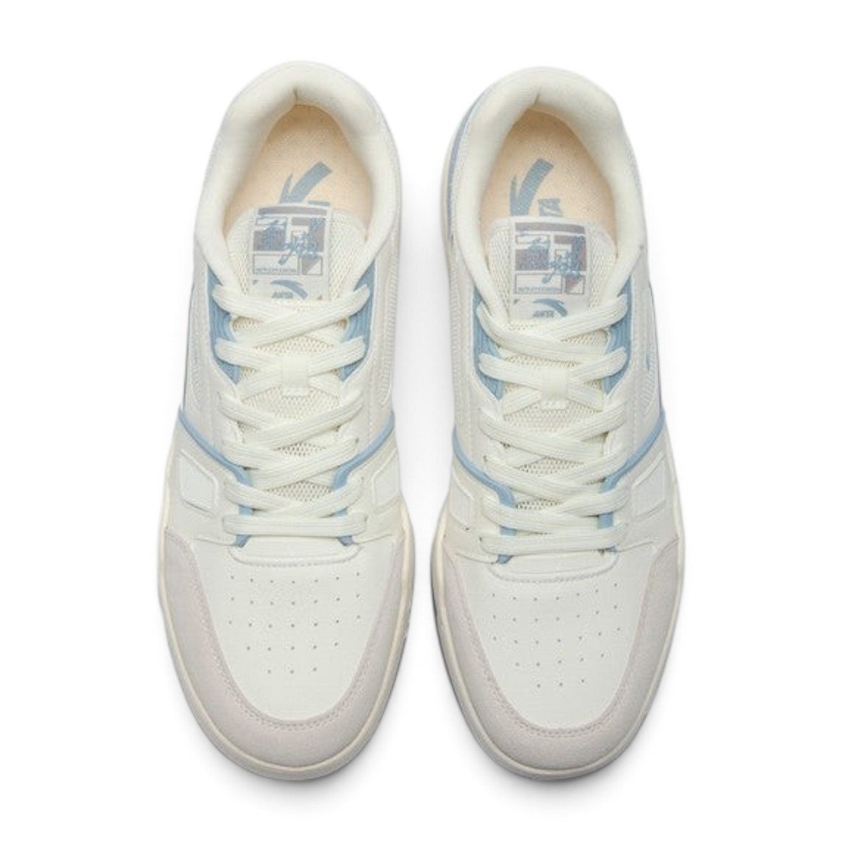 FRG Anta X-Game Flame 5.0 retro sneakers in beige and blue with breathable mesh and leather panels, top-down view.