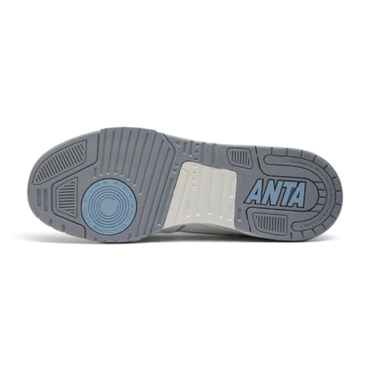FRG Anta X-Game Flame 5.0 sneaker outsole in grey and blue with textured grip pattern and Anta branding