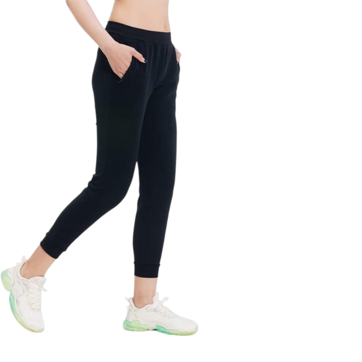FRG ANTA black knit ankle training pants with four-way stretch and side pockets on a model
