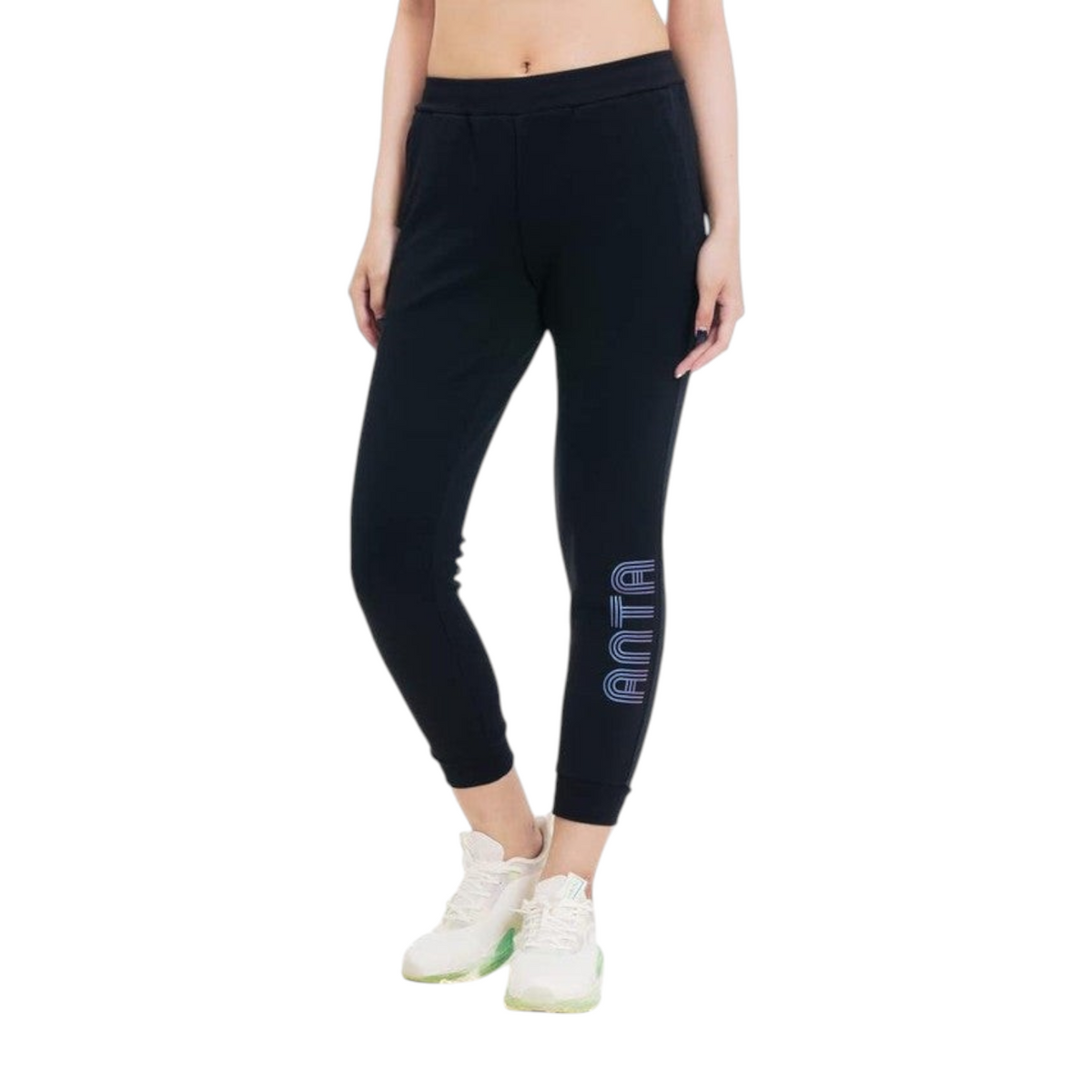 FRG ANTA black ankle-length training pants with four-way stretch fabric and blue logo detail on the leg