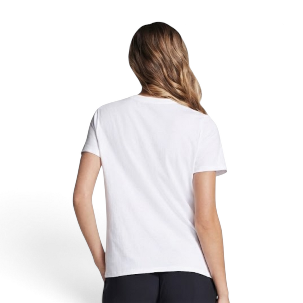 Back view of a woman wearing a snow white ANTA A-Chill Touch short sleeve lifestyle t-shirt with a soft fabric blend.