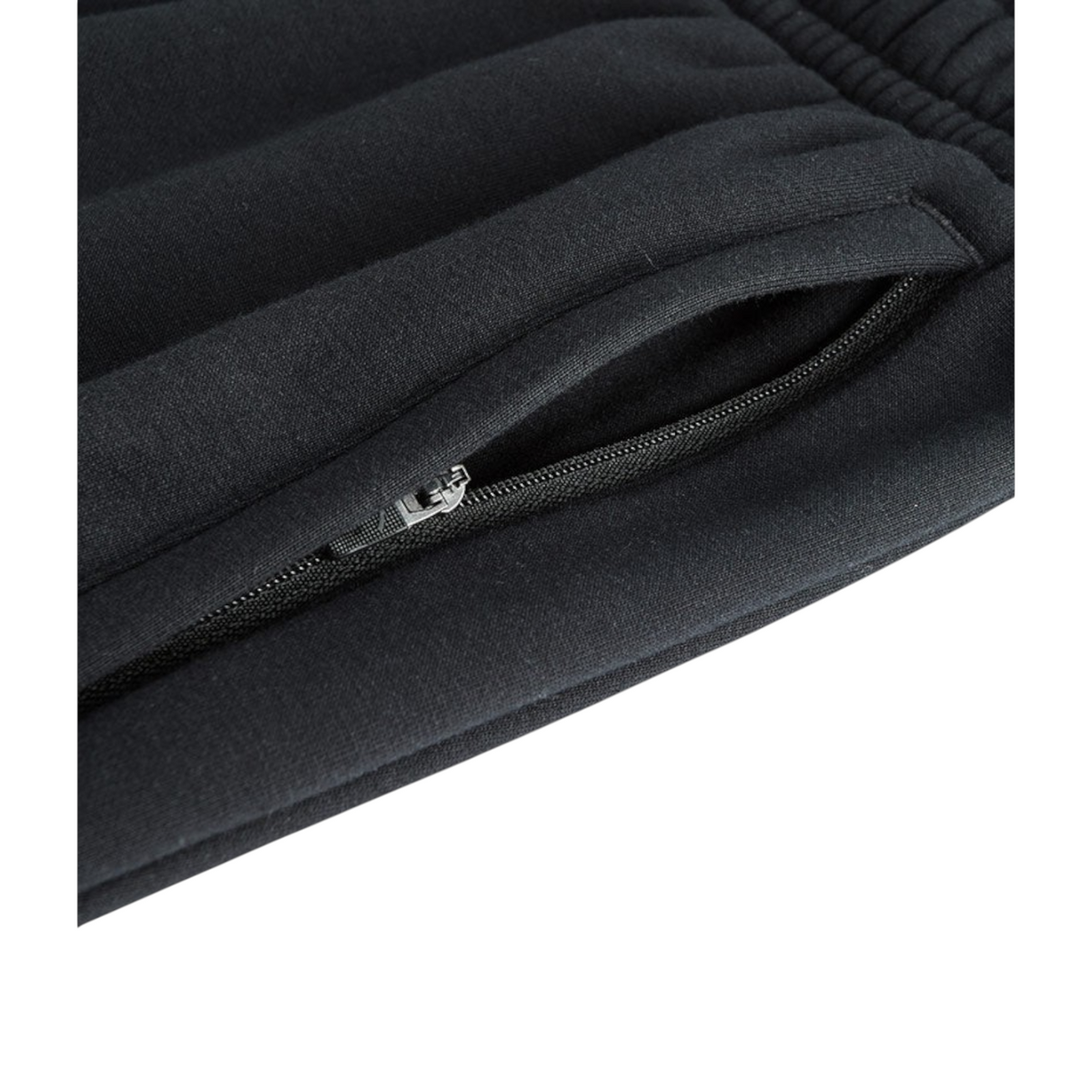 Close-up of a black FRG knit track pants pocket with a secure zipper closure and elastic waistband detail.